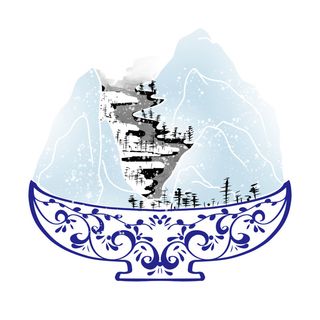 时尚微景观山水装饰庭院祥云中式国潮风插图插画元素素材设计模板