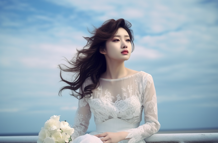 一个美女手里拿着一束花穿着一件漂亮的白色连衣裙在海边的拍照摄影图