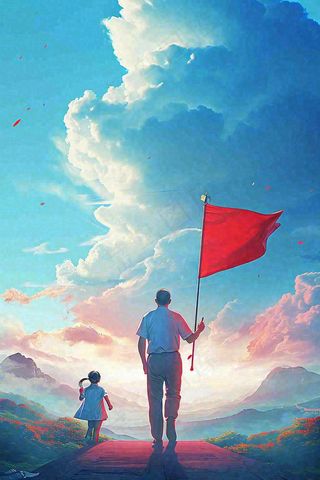 蓝天白云下行走背影，父亲节父爱温馨