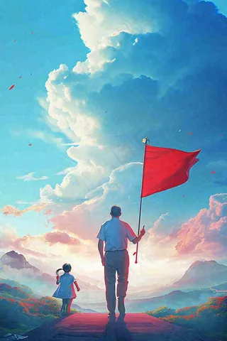 蓝天白云下行走背影，父亲节父爱温馨