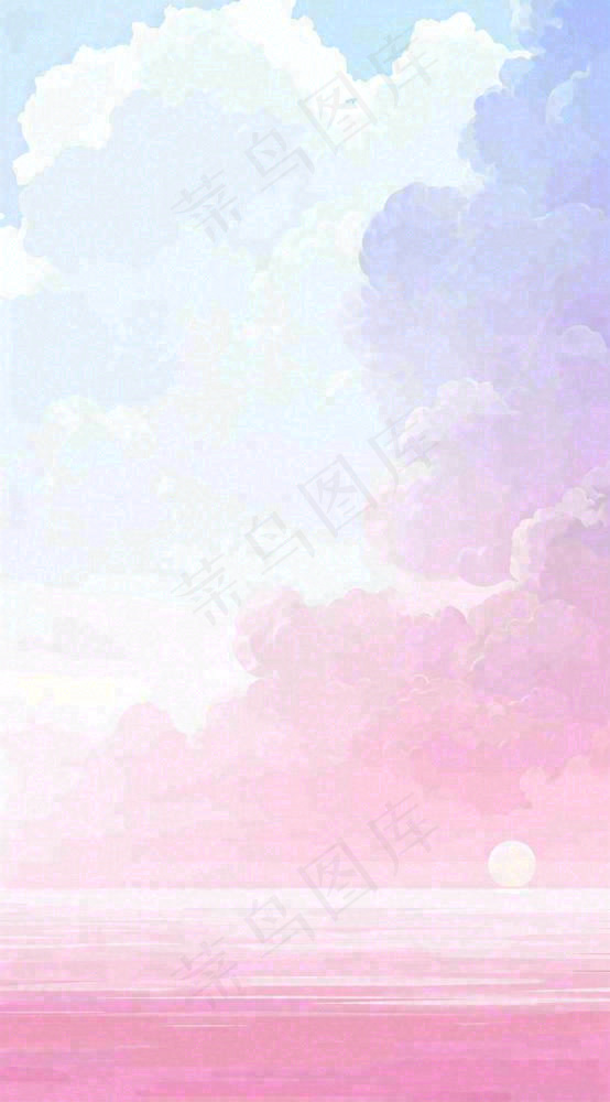 粉蓝渐变天空白云简约温馨，阳光海面海洋扁平插画(816x1472)