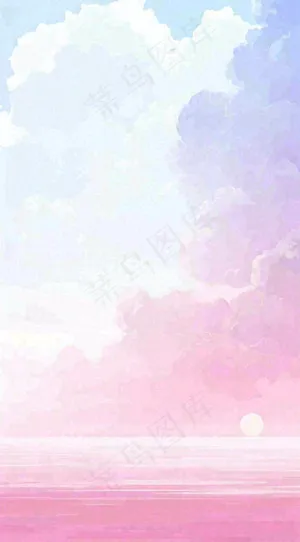 粉蓝渐变天空白云简约温馨，阳光海面海洋扁平插画