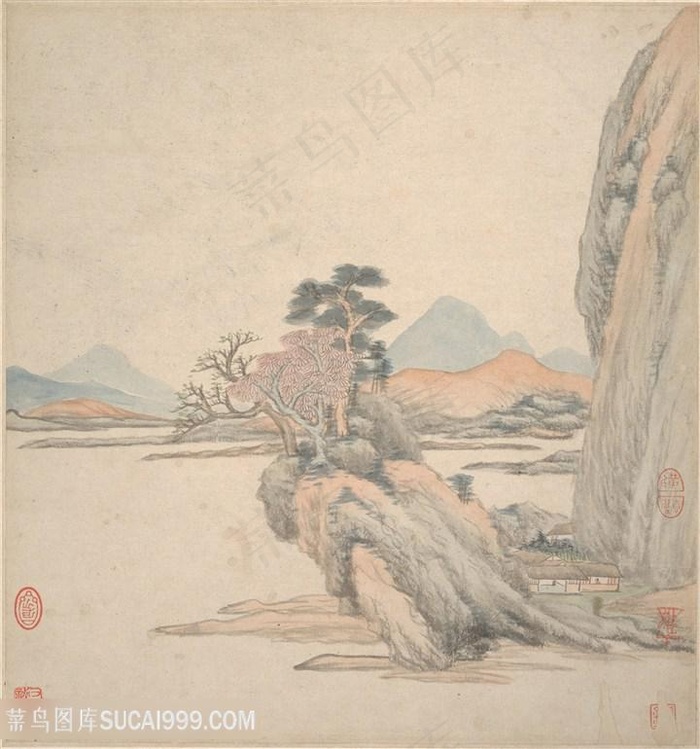 明代王鉴湘碧居士仿古册页江边立石图国画图片