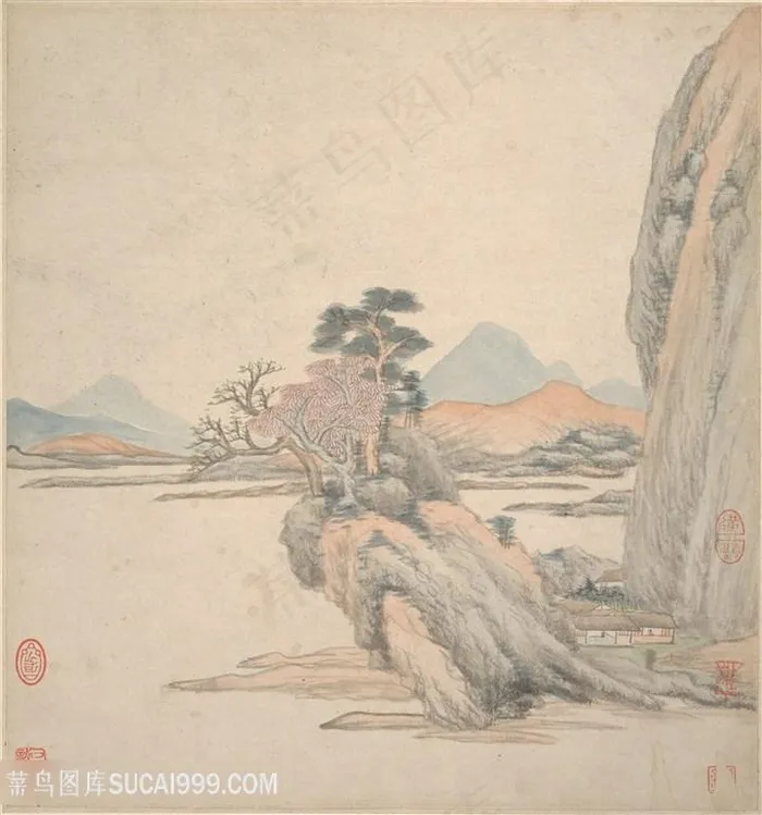 明代王鉴湘碧居士仿古册页江边立石图国画图片