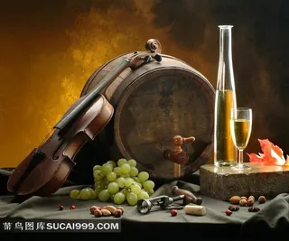 小提琴葡萄酒桶香槟酒与开瓶器高清摄影图片