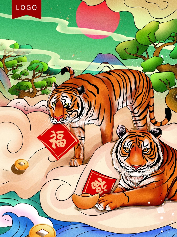 虎年新年喜庆插画海报展板psd模板psd模版下载