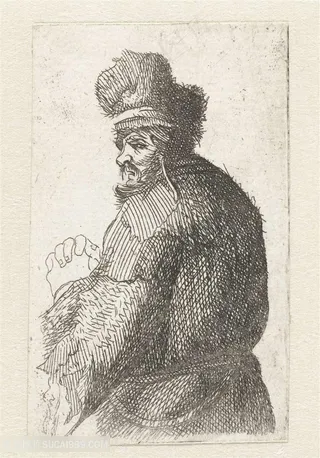 伦勃朗素描线稿素描男士侧身装饰画