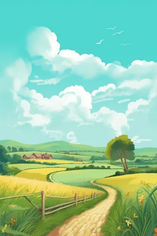 田园小路屋子小麦山脉背景