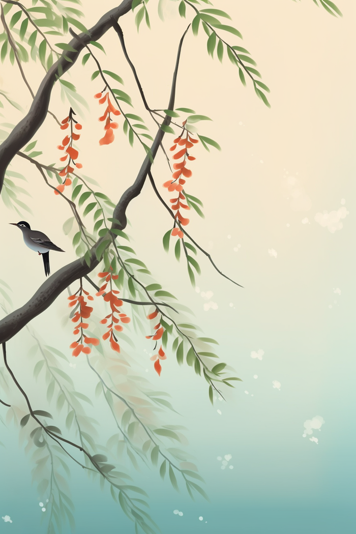 古风水墨画树枝枝头上站着小鸟插画素材背景