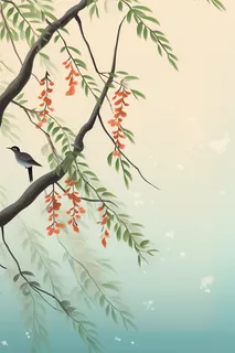 古风水墨画树枝枝头上站着小鸟插画素材背景