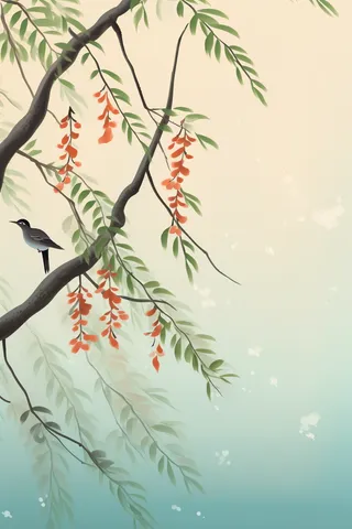 古风水墨画树枝枝头上站着小鸟插画素材背景