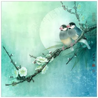 梅竹文鸟图国画