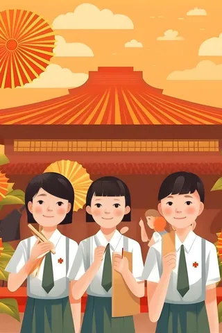 学生中国红祖国繁花背景