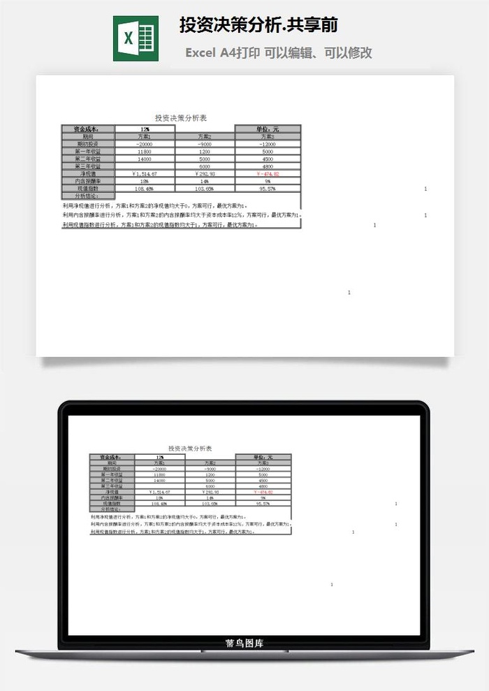 投资决策分析财务行政EXCEL模板