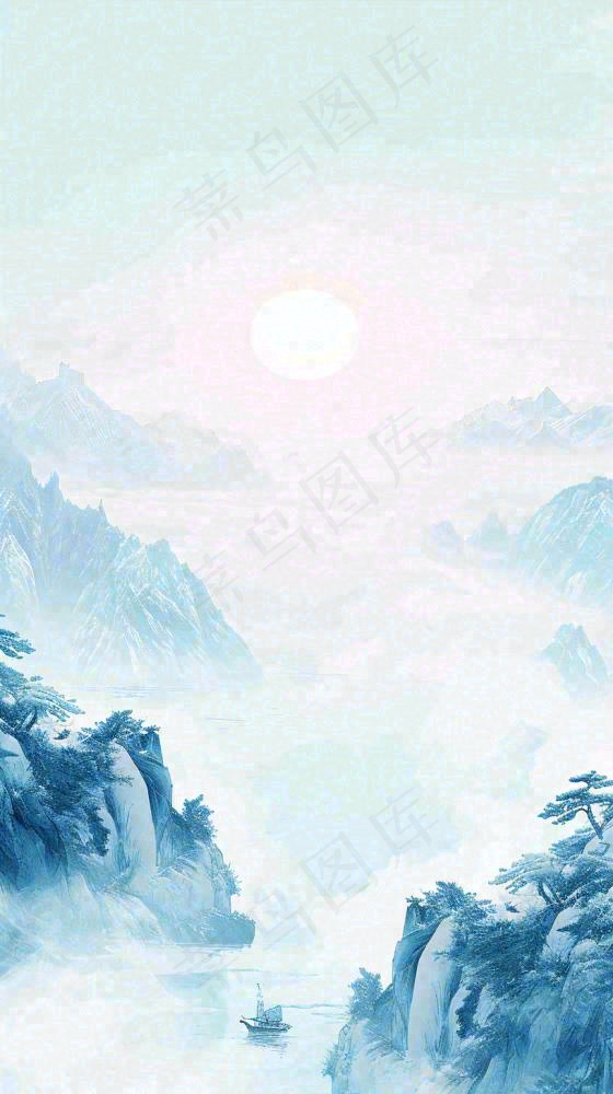 中国风山雾云海山脉意境山水画(816x1456)