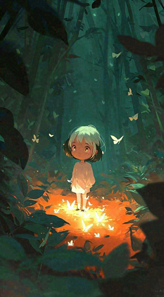 森林丛林夜晚女孩玩耍手绘插画，蝴蝶可爱(816x1472)