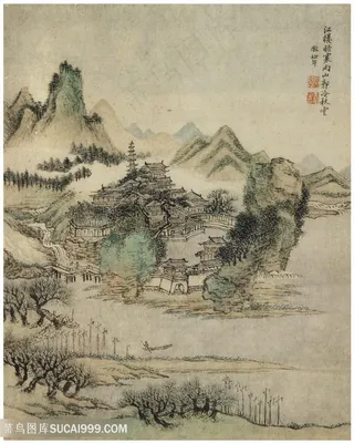 画家巨然仿古画册江楼寒山秋云国画图片