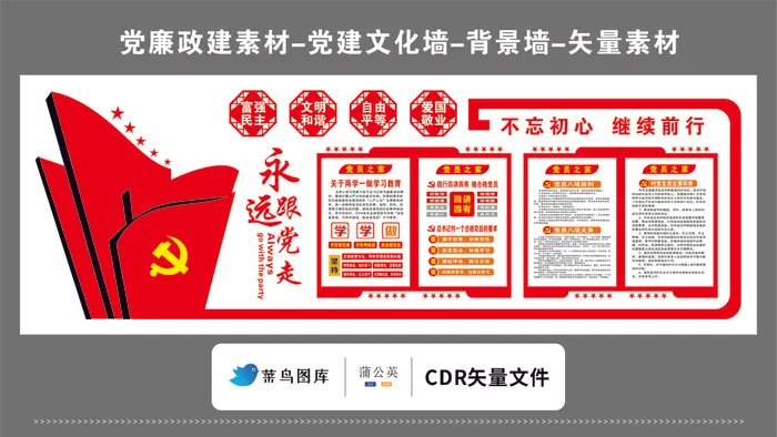 党建文化墙党建素材CDR预览图红色背景核心价值观不忘初心党员之家cdr矢量模版下载