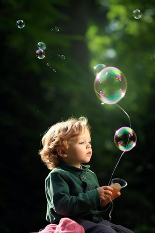 小孩吹泡泡玩耍绿叶背景