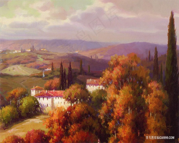 唯美水彩树房子高清油画