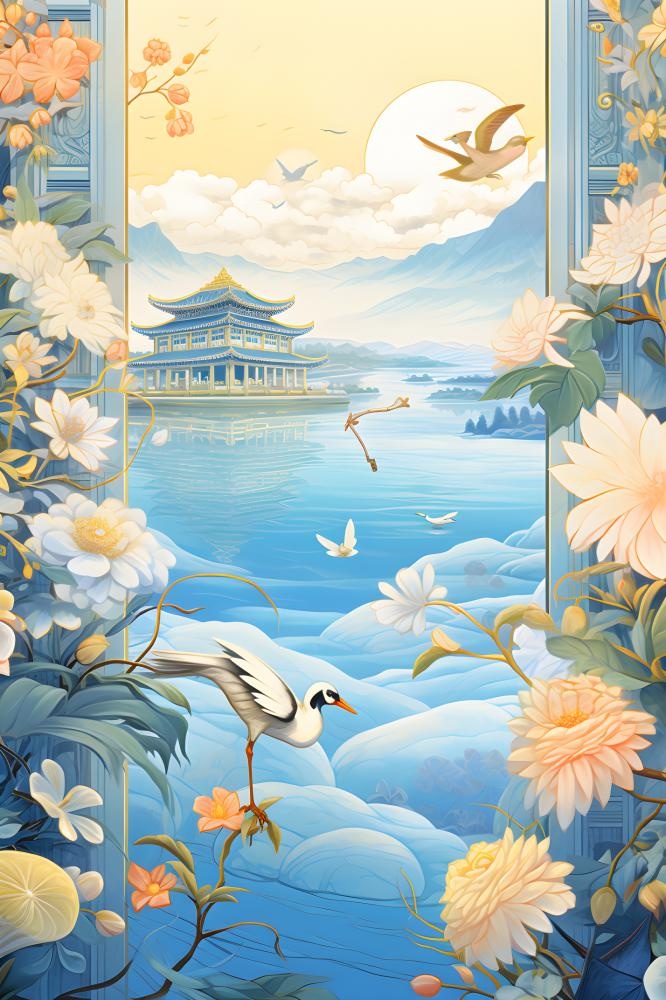 国潮建筑蓝色插画背景