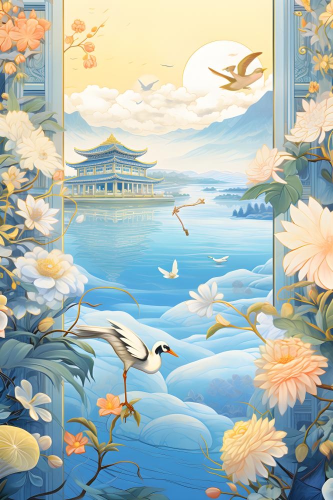 国潮建筑蓝色插画背景(2400x3600)