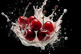 水果牛奶碰撞融合车厘子液体撞击迸射瞬间摄影图