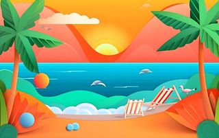 夏日海滩椰子树沙滩椅晚霞背景