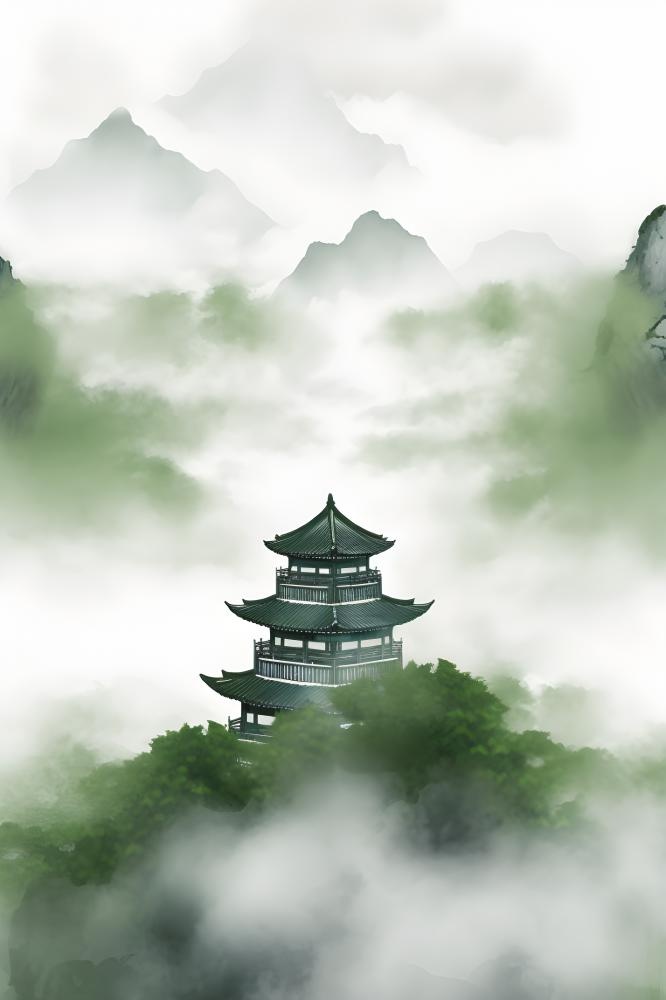 绿色山脉国风建筑云层背景