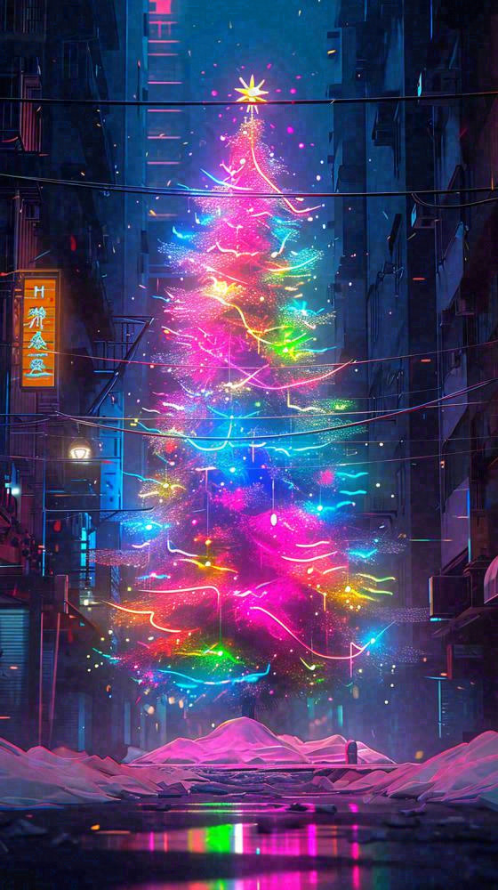 炫酷圣诞彩色缤纷圣诞树节日，夜晚街道建筑，暗黑