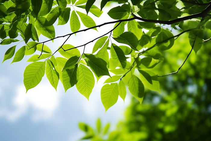 蓝天白云阳光下的绿叶植物树枝摄影图