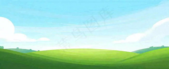 卡通手绘绿色草坡蓝天白云，春天，儿童节，春游，春分(1712x704)