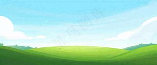 卡通手绘绿色草坡蓝天白云，春天，儿童节，春游，春分