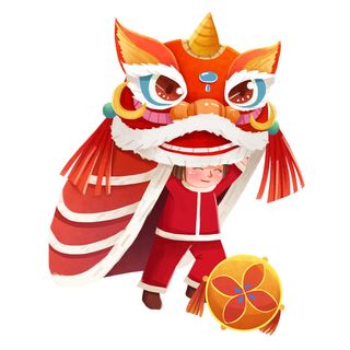 新年春节虎年元宵手绘人物舞狮卡通狮子头插画元素PSD设计素材