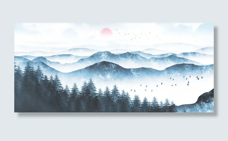 森林树木日出风光绘画PSD素材