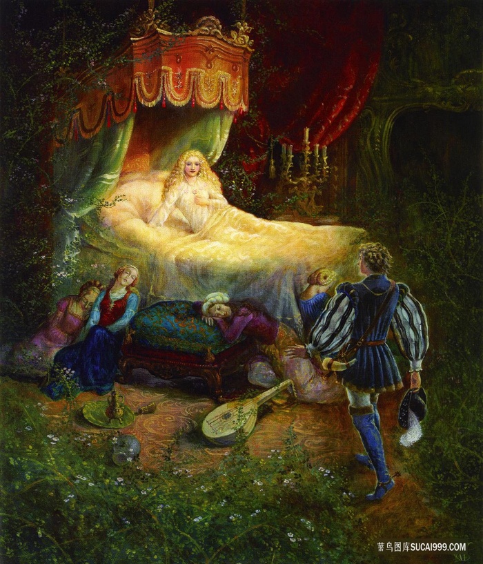 山林床美女油画风景画