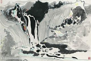吴冠中手绘流水瀑布美景装饰画