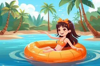 女孩沙滩海边游泳泳圈背景