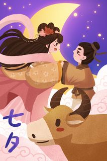 国潮中国唯美七夕节情人节牛郎织女商场宣传促销海报PSD素材模板