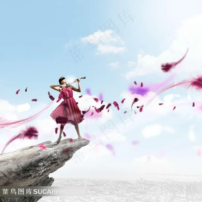 站在悬崖边接小提琴的美女