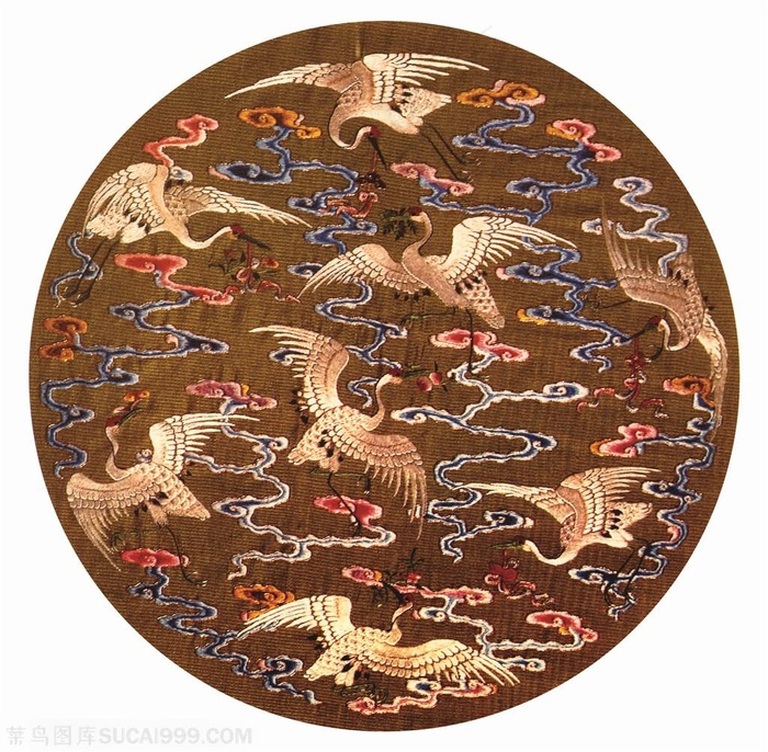 红棕色丹顶鹤祥云古代龙凤刺绣中国风图片