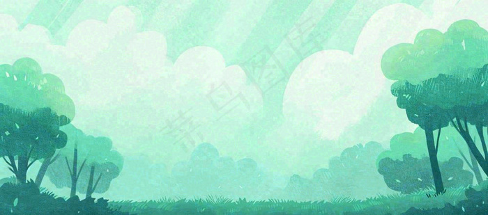 春天绿色插画手绘森林草地，白云阳光(1632x720)