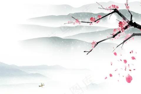 北欧月夜山水花鸟水墨红梅中国风免抠元素高清背景图客厅卧室装饰画玄关画