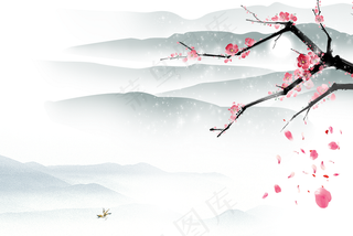 北欧月夜山水花鸟水墨红梅中国风免抠元素高清背景图客厅卧室装饰画玄关画