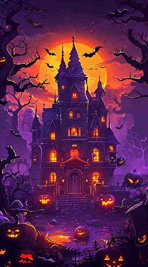 万圣节恐怖城堡南瓜夜晚暗紫色卡通节日
