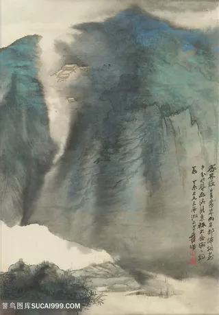 张大千水墨画巍峨山脉水墨风景画