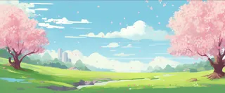 蓝天白云草坪樱花树粉色花瓣飘零卡通插画背景