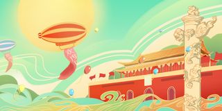 中国风*华表飞艇国庆节插画素材