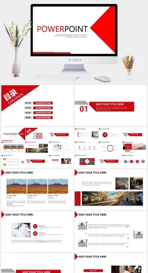 英文红色工作总结计划汇报动画PPT模板预览图