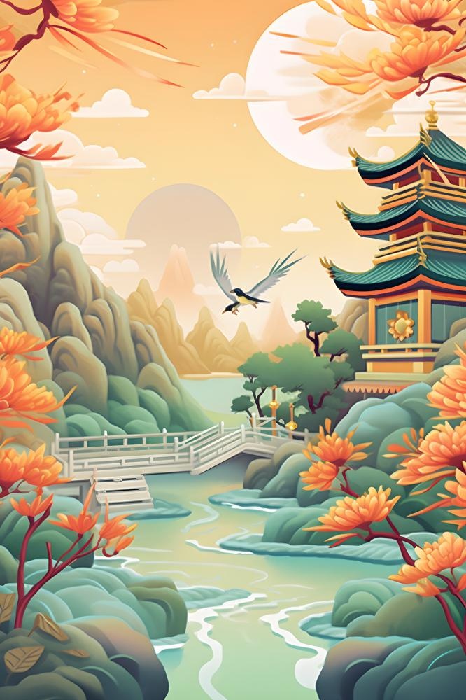 国潮花朵仙鹤云间背景(2400x3600)